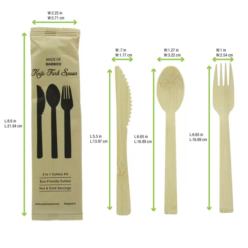 PacknWood Bamboo Cutlery Kit 3-1 (Knife, Fork, Spoon) - 6.7'' - 100 pcs PacknWood Bamboo Cutlery Kit 3-1 (Knife, Fork, Spoon) - 6.7'' - 100 pcs