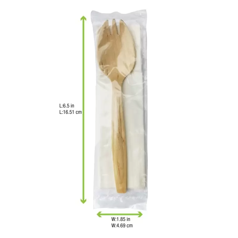PacknWood Wooden Spork Individually Wrapped With Napkin - 5.7'' - 250 pcs PacknWood Wooden Spork Individually Wrapped With Napkin - 5.7'' - 250 pcs