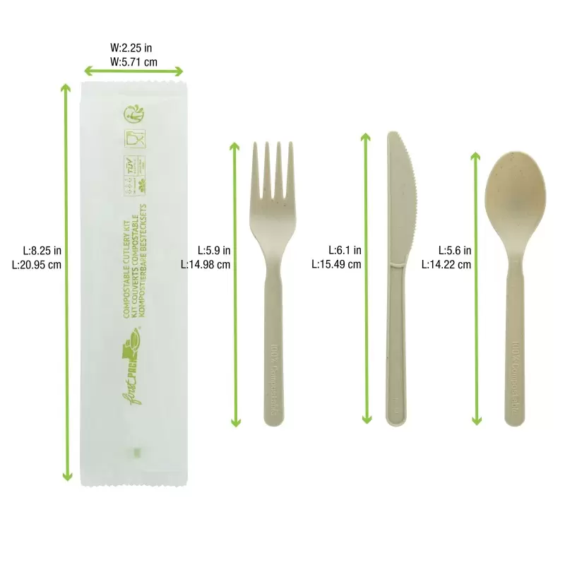 PacknWood Compostable Bamboo Fiber 3-1 Cutlery Kit With Compostable Bag (Knife, Fork, Spoon, Napkin) - 6'' - 500 pcs PacknWood Compostable Bamboo Fiber 3-1 Cutlery Kit With Compostable Bag (Knife, Fork, Spoon, Napkin) - 6'' - 500 pcs
