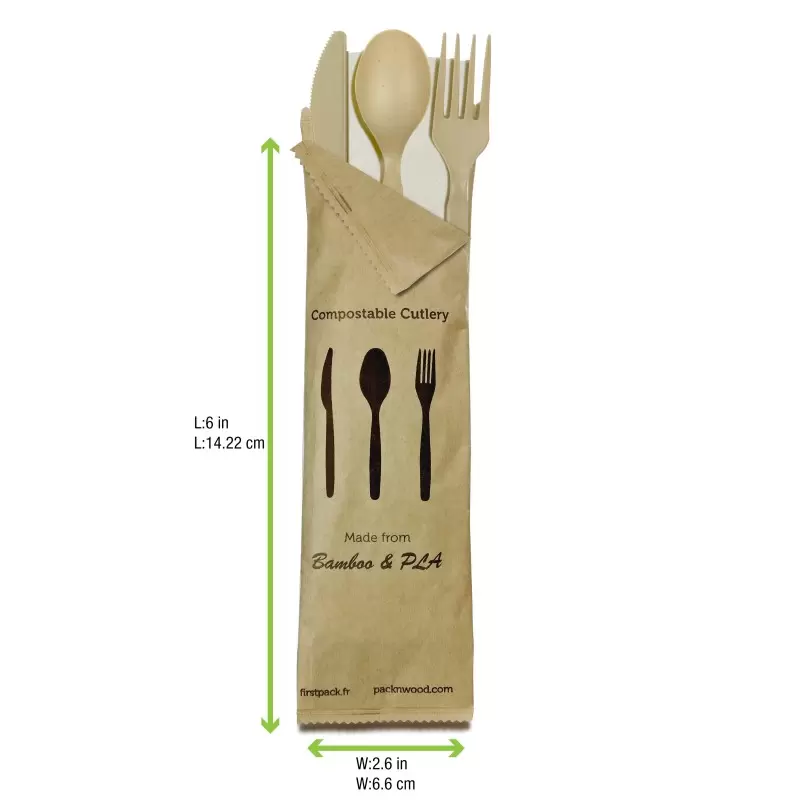 PacknWood Compostable Bamboo Fiber 4-1 Cutlery Kit With Kraft Bag (Knife, Fork, Spoon, Napkin) - 6'' - 250 pcs PacknWood Compostable Bamboo Fiber 4-1 Cutlery Kit With Kraft Bag (Knife, Fork, Spoon, Napkin) - 6'' - 250 pcs