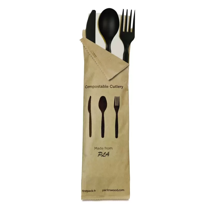 PacknWood Compostable Black 4-1 Cutlery Kit With Kraft Bag (Knife, Fork, Spoon, Napkin) - 6'' - 250 pcs PacknWood Compostable Black 4-1 Cutlery Kit With Kraft Bag (Knife, Fork, Spoon, Napkin) - 6'' - 250 pcs