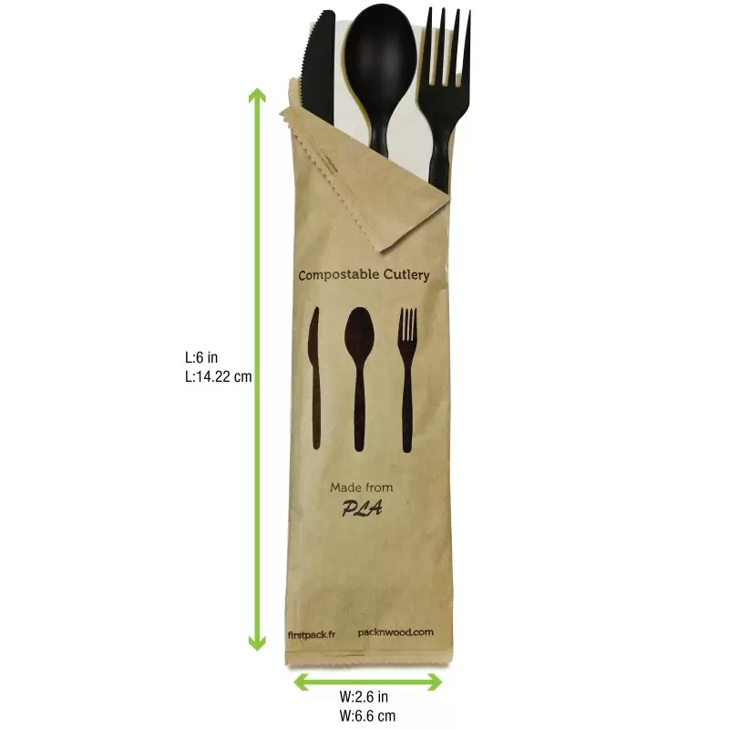 PacknWood Compostable Black 4-1 Cutlery Kit With Kraft Bag (Knife, Fork, Spoon, Napkin) - 6'' - 250 pcs PacknWood Compostable Black 4-1 Cutlery Kit With Kraft Bag (Knife, Fork, Spoon, Napkin) - 6'' - 250 pcs