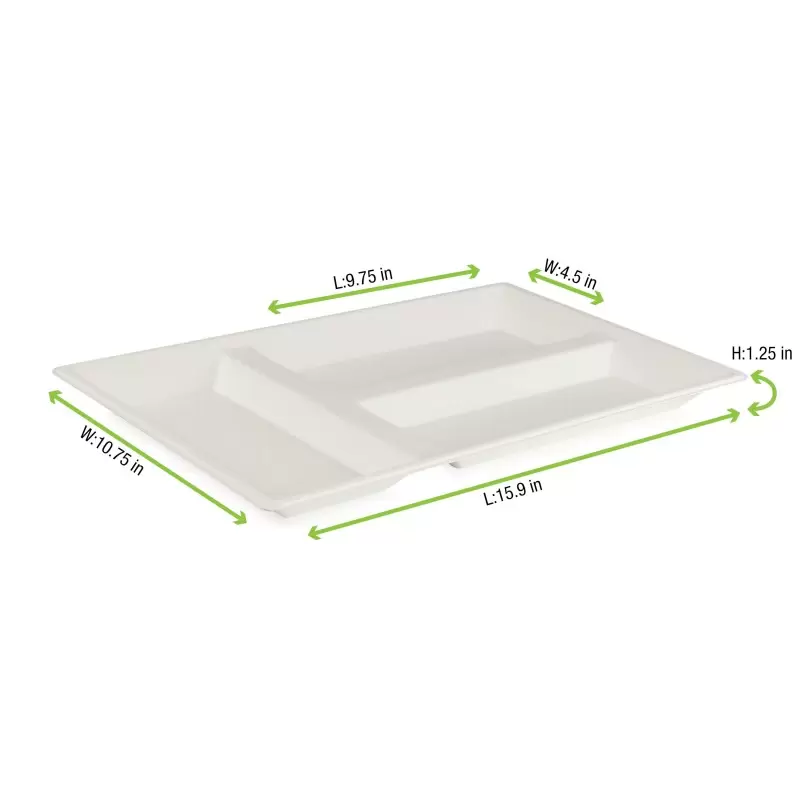 PacknWood Eco-Design White Sugarcane Compartment Tray - 15.7 x 10.6 x 1.1'' - 150 pcs PacknWood Eco-Design White Sugarcane Compartment Tray - 15.7 x 10.6 x 1.1'' - 150 pcs