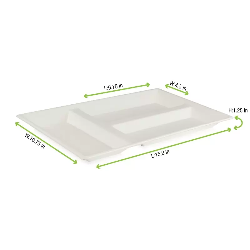 PacknWood Eco-Design White Sugarcane Compartment Tray - L:15.87'' W:10.75'' H:1.1'' - 100 pcs PacknWood Eco-Design White Sugarcane Compartment Tray - L:15.87'' W:10.75'' H:1.1'' - 100 pcs