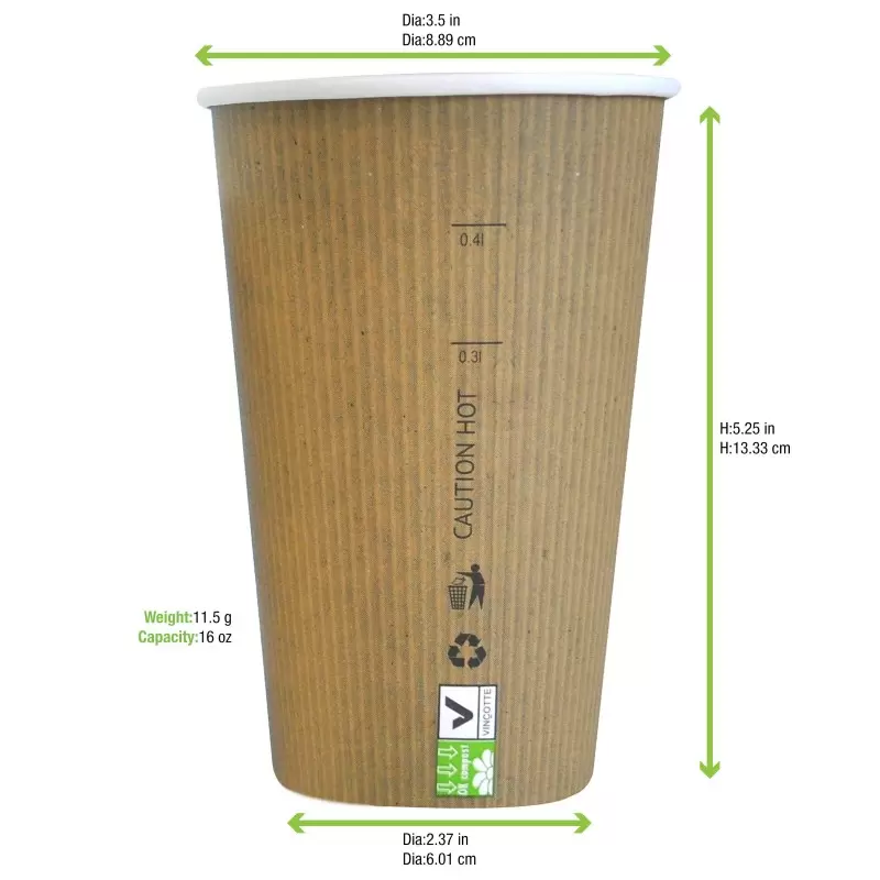 PacknWood Compostable Paper Cup Single Wall - 16oz Diam.3.5'' H:5.3'' - 1000 pcs PacknWood Compostable Paper Cup Single Wall - 16oz Diam.3.5'' H:5.3'' - 1000 pcs