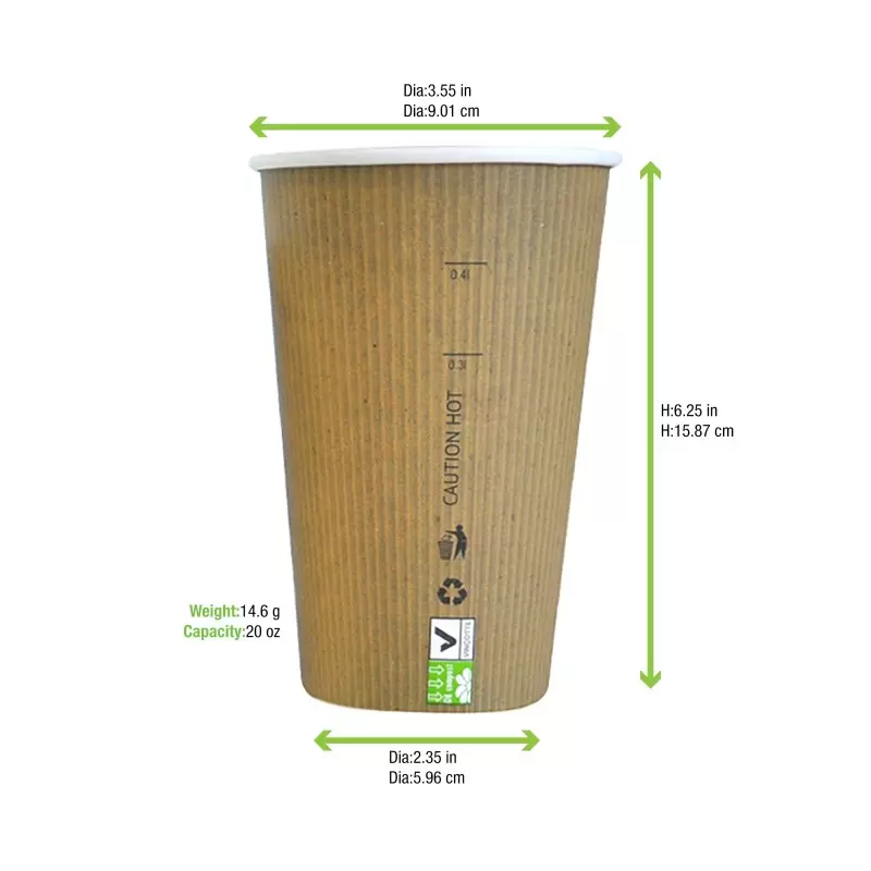 PacknWood Compostable Paper Cup Single Wall - 20oz Diam.3.5'' H:6.3'' - 500 pcs PacknWood Compostable Paper Cup Single Wall - 20oz Diam.3.5'' H:6.3'' - 500 pcs