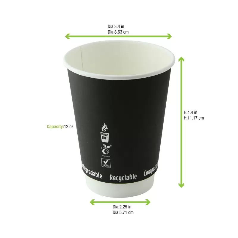 PacknWood Double Wall Black Compostable Paper Cup - 12oz Diam.3.5'' H:4.3'' - 500 pcs PacknWood Double Wall Black Compostable Paper Cup - 12oz Diam.3.5'' H:4.3'' - 500 pcs