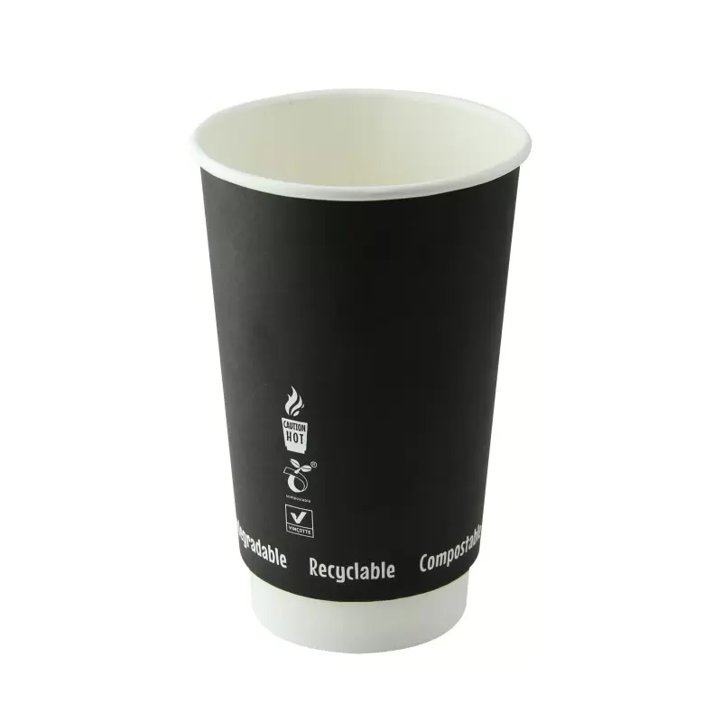 PacknWood Double Wall Black Compostable Paper Cup - 16oz Diam.3.5'' H:5.4'' - 500 pcs PacknWood Double Wall Black Compostable Paper Cup - 16oz Diam.3.5'' H:5.4'' - 500 pcs