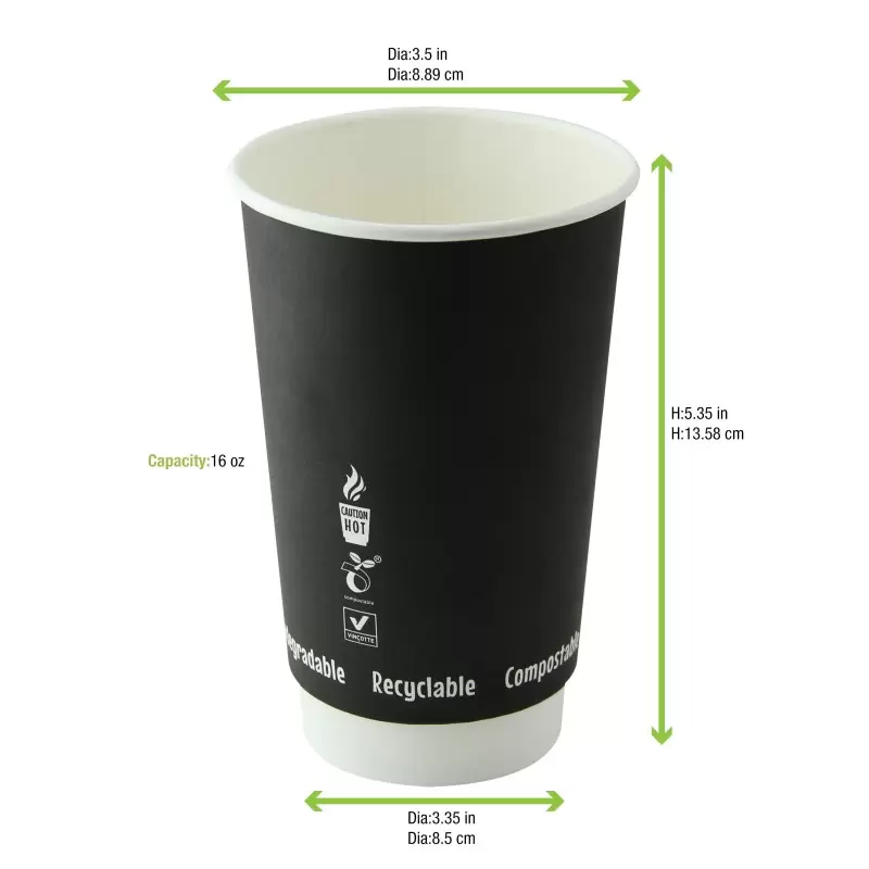 PacknWood Double Wall Black Compostable Paper Cup - 16oz Diam.3.5'' H:5.4'' - 500 pcs PacknWood Double Wall Black Compostable Paper Cup - 16oz Diam.3.5'' H:5.4'' - 500 pcs