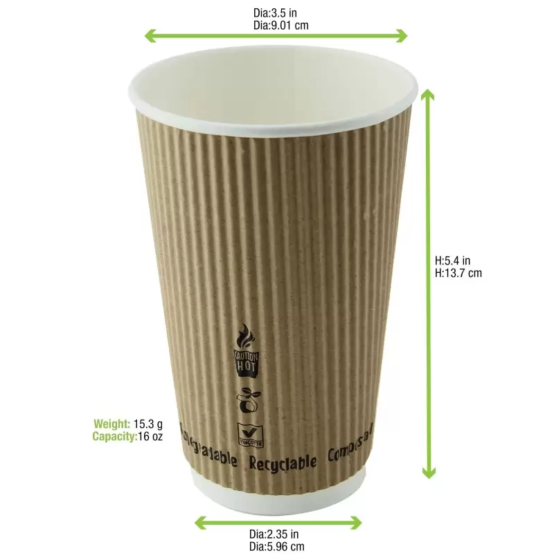 PacknWood Compostable Rippled Kraft Cup - 16oz Diam.3.5'' H:5.4'' - 500 pcs PacknWood Compostable Rippled Kraft Cup - 16oz Diam.3.5'' H:5.4'' - 500 pcs