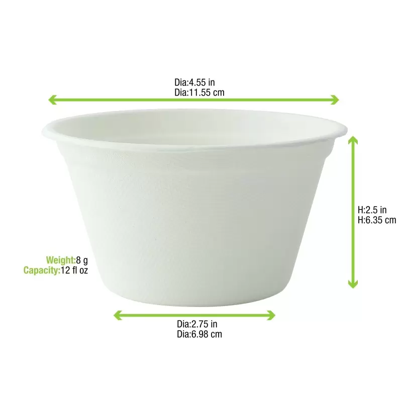 PacknWood White Sugarcane Takeout Bowl - 12oz Diam.4.3'' - 500 pcs PacknWood White Sugarcane Takeout Bowl - 12oz Diam.4.3'' - 500 pcs