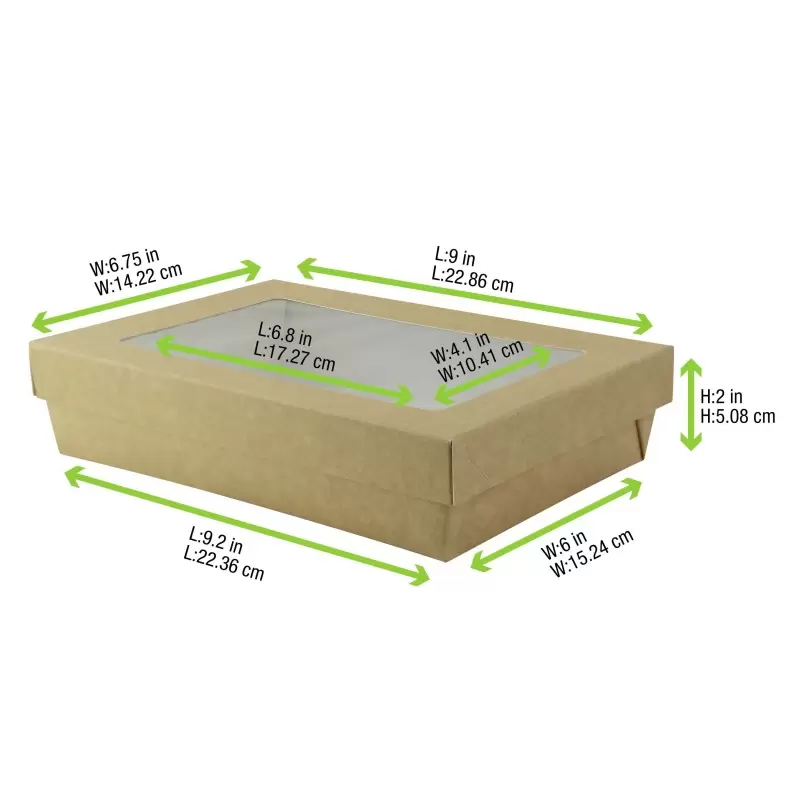 PacknWood Rectangular Kraft Kray Boxes With Pet Window Lid - 50oz 9 x 6 x 2'' - 200 pcs PacknWood Rectangular Kraft Kray Boxes With Pet Window Lid - 50oz 9 x 6 x 2'' - 200 pcs