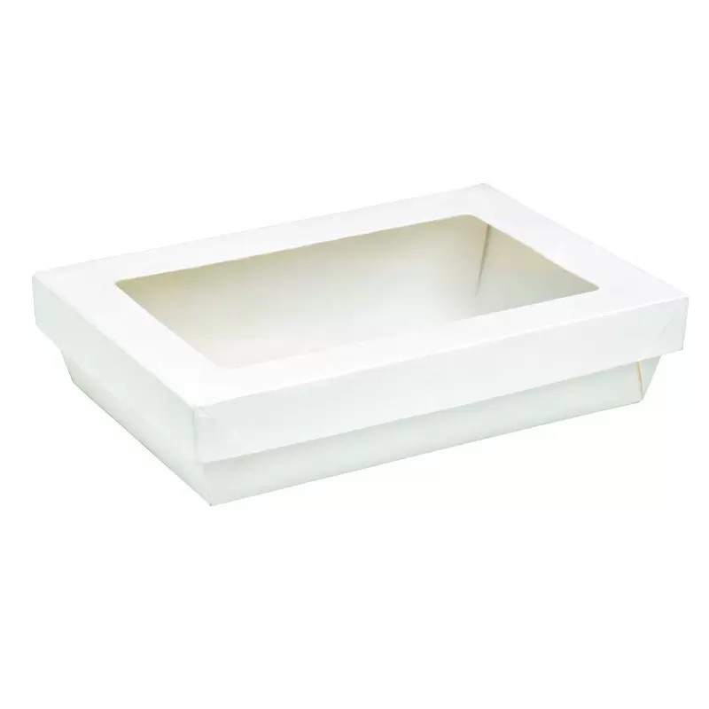 PacknWood Rectangular White Kray Boxes With Pet Window Lid - 50oz 8.8 x 6.1 x 2'' - 200 pcs PacknWood Rectangular White Kray Boxes With Pet Window Lid - 50oz 8.8 x 6.1 x 2'' - 200 pcs