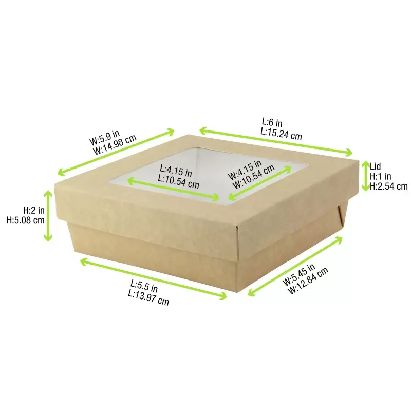 PacknWood Kraft Kray Boxes With Pet Window Lid - 34oz 5.5 x 5.5 x 2'' - 250 pcs PacknWood Kraft Kray Boxes With Pet Window Lid - 34oz 5.5 x 5.5 x 2'' - 250 pcs