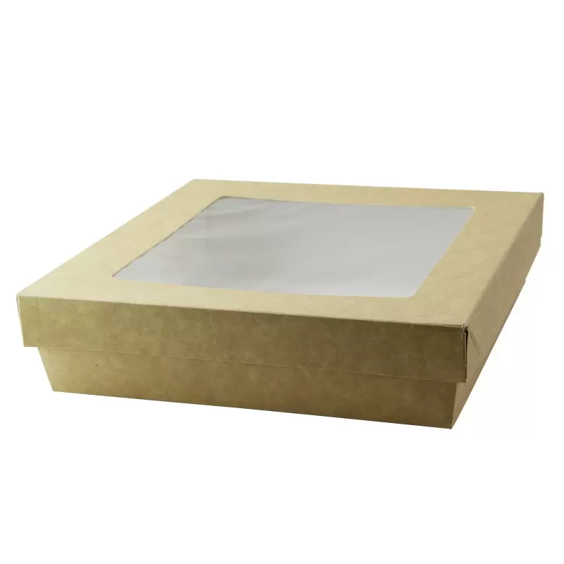 PacknWood Kraft Kray Boxes With Pet Window Lid - 60oz 7.1 x 7.1 x 2'' - 200 pcs PacknWood Kraft Kray Boxes With Pet Window Lid - 60oz 7.1 x 7.1 x 2'' - 200 pcs