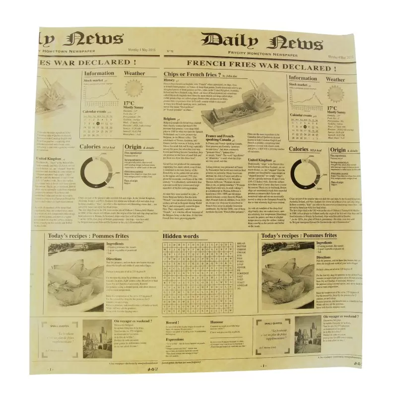 PacknWood Greasproof Kraft Paper With Newspr''t Design - 15.7 x 15'' - 500 pcs PacknWood Greasproof Kraft Paper With Newspr''t Design - 15.7 x 15'' - 500 pcs