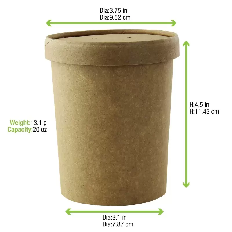 PacknWood Brown Kraft Soup Cup With Kraft Lid Included - 18oz Diam.3.8'' H:4.5'' - 250 pcs PacknWood Brown Kraft Soup Cup With Kraft Lid Included - 18oz Diam.3.8'' H:4.5'' - 250 pcs