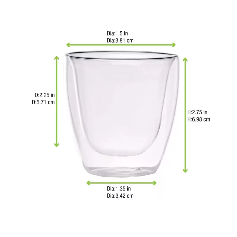PacknWood Double Wall Short Mini Glass - 2.5oz Diam.2.5'' H:2.65'' - 48 pcs PacknWood Double Wall Short Mini Glass - 2.5oz Diam.2.5'' H:2.65'' - 48 pcs