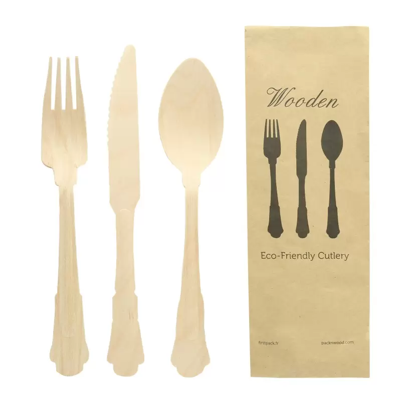 PacknWood Elegant Wooden Cutlery 3 Piece Set (Fork, Knife, Spoon) - 8.5'' - 100 pcs PacknWood Elegant Wooden Cutlery 3 Piece Set (Fork, Knife, Spoon) - 8.5'' - 100 pcs