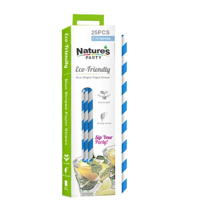 PacknWood Durable Blue & White Striped Paper Straws - Unwrapped - 7.75'' - 300 pcs PacknWood Durable Blue & White Striped Paper Straws - Unwrapped - 7.75'' - 300 pcs