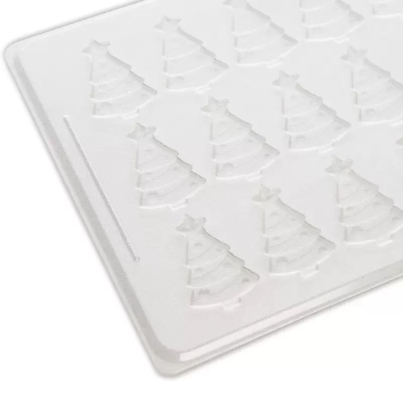Thermoformed Polycarbonate Chocolate Tablet Mold - Christmas Tree - 21 cavity - 45 mm x 30 mm x h 3 mm - 2 gr Thermoformed Polycarbonate Chocolate Tablet Mold - Christmas Tree - 21 cavity - 45 mm x 30 mm x h 3 mm - 2 gr