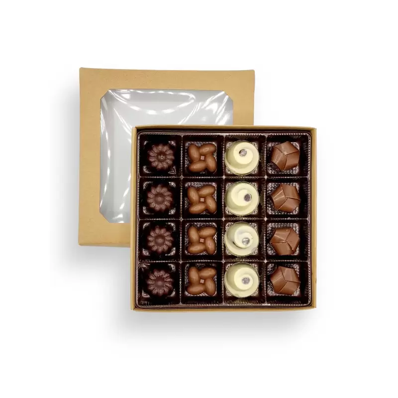 Kraft Classic Chocolate Bonbons Candy Window Boxes with Inserts - 8 Oz - 5.75'' x 5.75'' x 1.125''- Pack of 50 pcs Kraft Classic Chocolate Bonbons Candy Window Boxes with Inserts - 8 Oz - 5.75'' x 5.75'' x 1.125''- Pack of 50 pcs