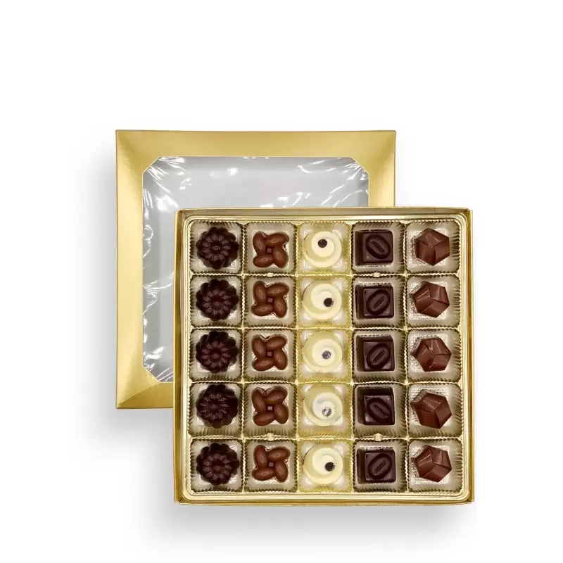 Gold Classic Chocolate Bonbons Candy Window Boxes with Inserts - 16 Oz - 7.75'' x 7.75'' x 1.125''- Pack of 50 pcs Gold Classic Chocolate Bonbons Candy Window Boxes with Inserts - 16 Oz - 7.75'' x 7.75'' x 1.125''- Pack of 50 pcs