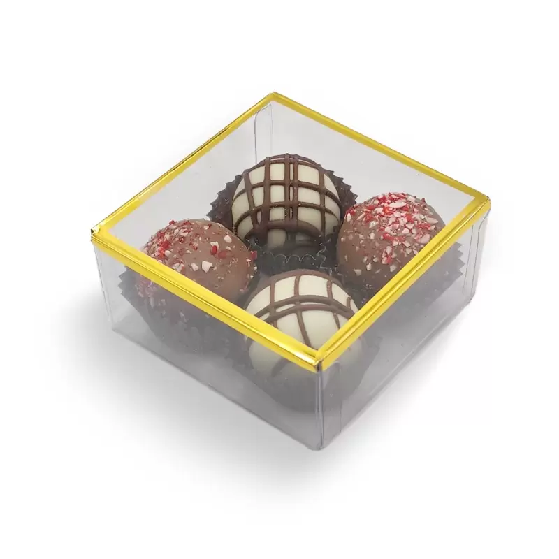 Elegant Gold Trim Classic Clear Transparent Chocolate Truffles Boxes 3" x 3" x 1 3/8" - Pack of 230 pcs Elegant Gold Trim Classic Clear Transparent Chocolate Truffles Boxes 3" x 3" x 1 3/8" - Pack of 230 pcs