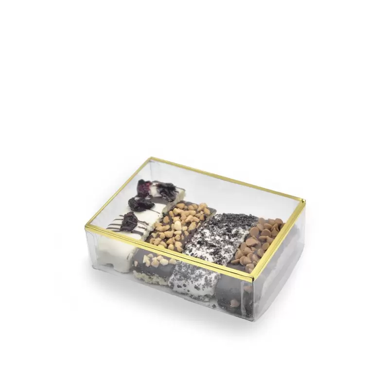 Elegant Gold Trim Classic Clear Transparent Chocolate Truffles Boxes 5" x 3 1/2" x 1 1/2'' - Pack of 144 pcs Elegant Gold Trim Classic Clear Transparent Chocolate Truffles Boxes 5" x 3 1/2" x 1 1/2'' - Pack of 144 pcs