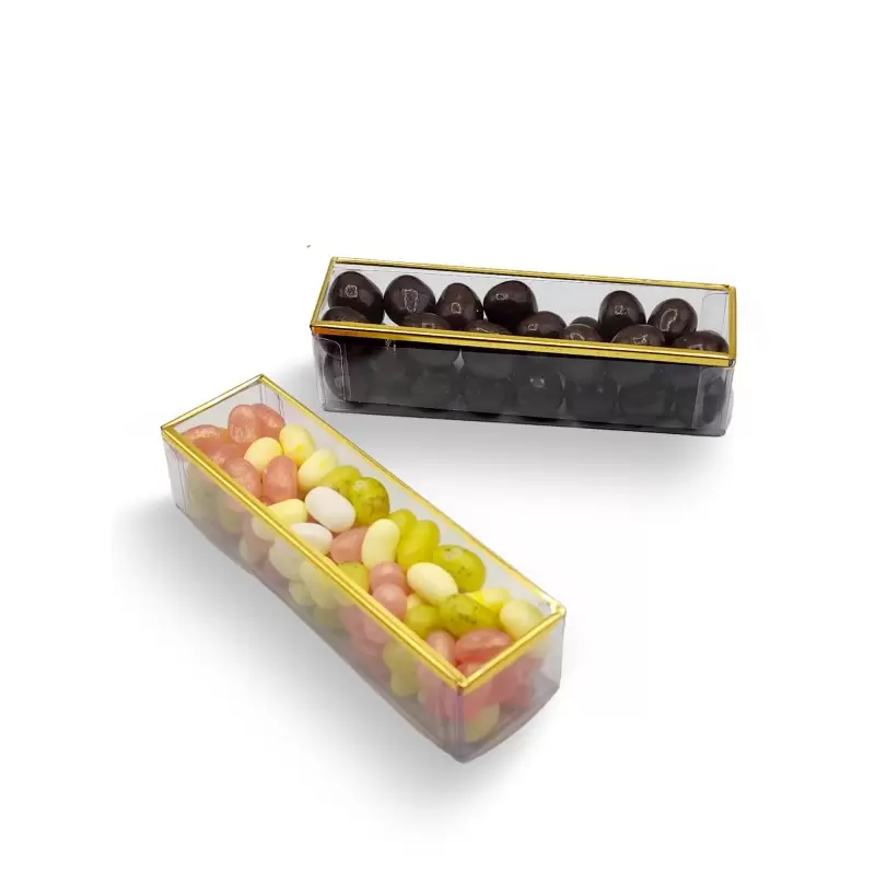 Elegant Gold Trim Classic Clear Transparent Chocolate Truffles Boxes 4 3/4" x 1 1/4" x 1 1/8" - Pack of 192 pcs Elegant Gold Trim Classic Clear Transparent Chocolate Truffles Boxes 4 3/4" x 1 1/4" x 1 1/8" - Pack of 192 pcs