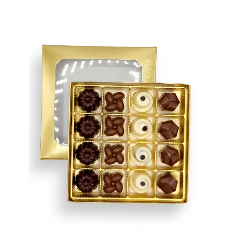 Gold Classic Chocolate Bonbons Candy Window Boxes with Inserts - 8 Oz - 5.75'' x 5.75'' x 1.125''- Pack of 50 pcs Gold Classic Chocolate Bonbons Candy Window Boxes with Inserts - 8 Oz - 5.75'' x 5.75'' x 1.125''- Pack of 50 pcs