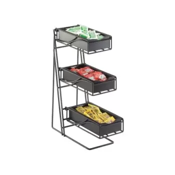Cal-Mil Midnight Black 3-Tier Metal Flatware / Condiment Display With Bamboo Bins