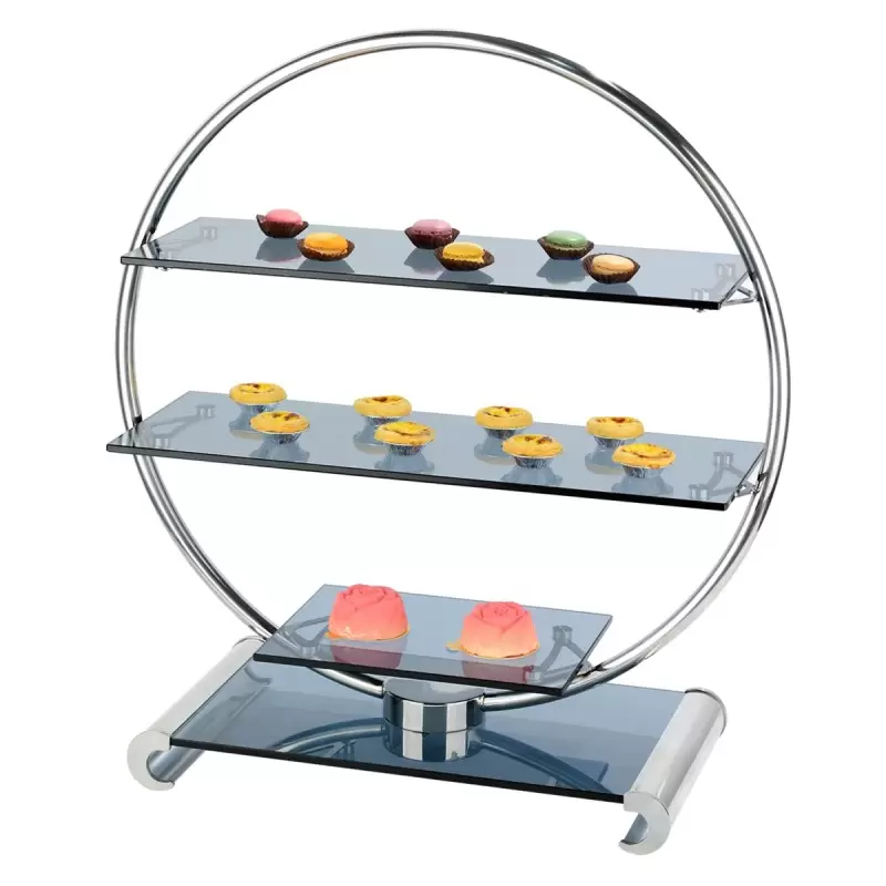 Bon Chef Wheel Display Stand 3-Tier - 26"L x 11-1/4"W x 28-1/2"H - Removable Smoke Glass Shelves Bon Chef Wheel Display Stand 3-Tier - 26"L x 11-1/4"W x 28-1/2"H - Removable Smoke Glass Shelves