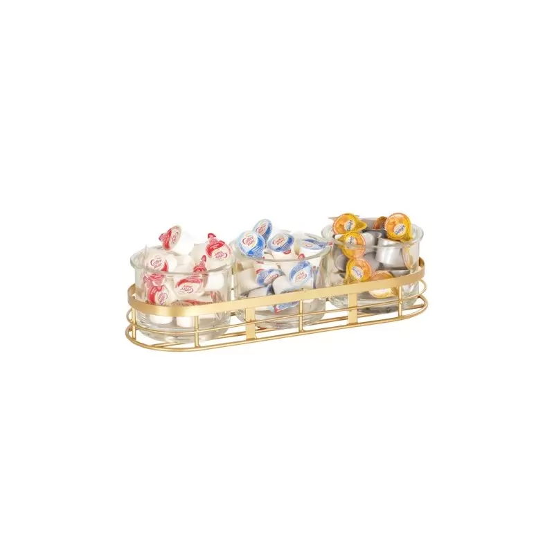Cal-Mil Monaco Gold Metal Condiment Organizer With (3) 16 Oz. Glass Jars - 13 3/8" x 4 7/8" x 4 3/4" Cal-Mil Monaco Gold Metal Condiment Organizer With (3) 16 Oz. Glass Jars - 13 3/8" x 4 7/8" x 4 3/4"