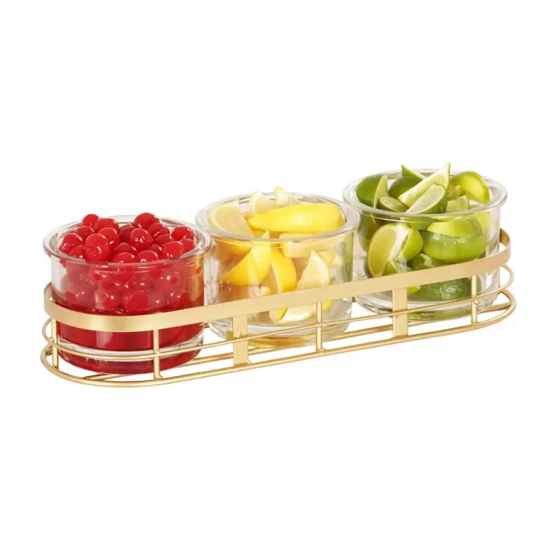 Cal-Mil Monaco Gold Metal Condiment Organizer With (3) 16 Oz. Glass Jars - 13 3/8" x 4 7/8" x 4 3/4" Cal-Mil Monaco Gold Metal Condiment Organizer With (3) 16 Oz. Glass Jars - 13 3/8" x 4 7/8" x 4 3/4"