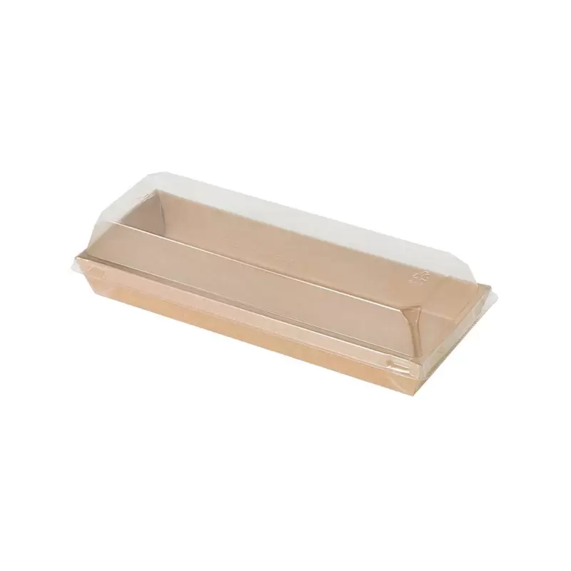 PacknWood Sushi Box in Kraft With Pet Lid - Base: 14oz 8.5 x 3 x 1'' LiDiam. - 300 pcs PacknWood Sushi Box in Kraft With Pet Lid - Base: 14oz 8.5 x 3 x 1'' LiDiam. - 300 pcs