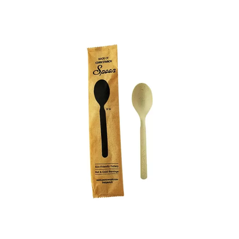 PacknWood Compostable & Heat Proof Corn - Bamboo Fiber Spoon Individually Wrapped '' A Paper Wrapper - 6'' - 500 pcs PacknWood Compostable & Heat Proof Corn - Bamboo Fiber Spoon Individually Wrapped '' A Paper Wrapper - 6'' - 500 pcs