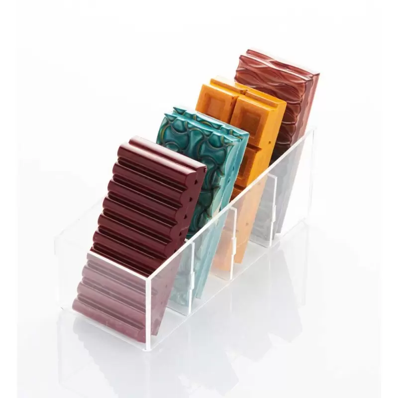 Clear Vertical Chocolate Bar Display With 4 Sections - 226 mm x 91 mm x h 73/93 mm Clear Vertical Chocolate Bar Display With 4 Sections - 226 mm x 91 mm x h 73/93 mm