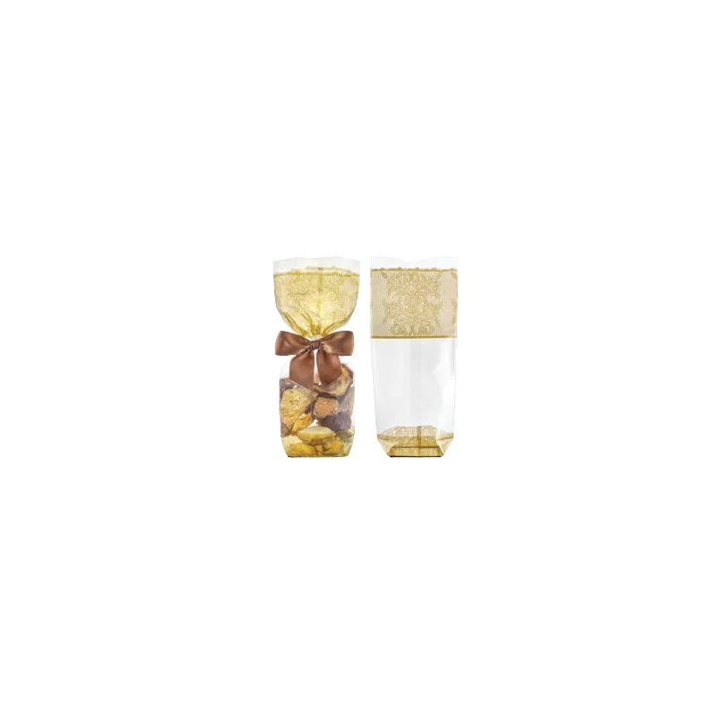 Clear Cellophane Candy and Chocolate Bags with Golden Lace Print and Cardboard Bottom - 120mm x 260mm - 100pcs Clear Cellophane Candy and Chocolate Bags with Golden Lace Print and Cardboard Bottom - 120mm x 260mm - 100pcs