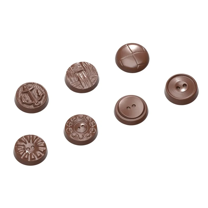 Polycarbonate Buttons Chocolate Mold - 31 mm x 31 mm x 8 mm - 5 gr - 7 Designs 21 Cavity Polycarbonate Buttons Chocolate Mold - 31 mm x 31 mm x 8 mm - 5 gr - 7 Designs 21 Cavity