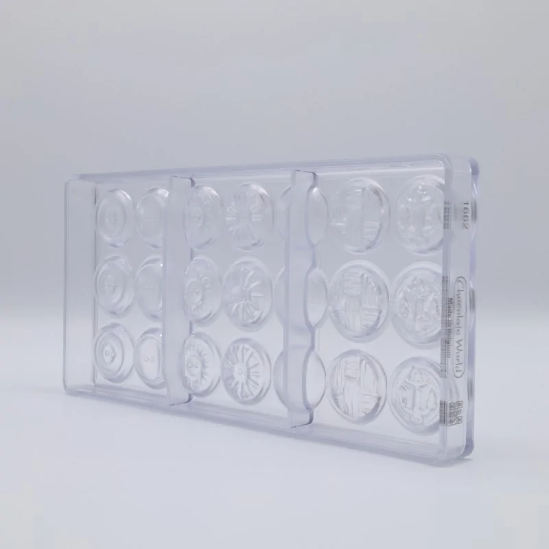 Polycarbonate Buttons Chocolate Mold - 31 mm x 31 mm x 8 mm - 5 gr - 7 Designs 21 Cavity Polycarbonate Buttons Chocolate Mold - 31 mm x 31 mm x 8 mm - 5 gr - 7 Designs 21 Cavity