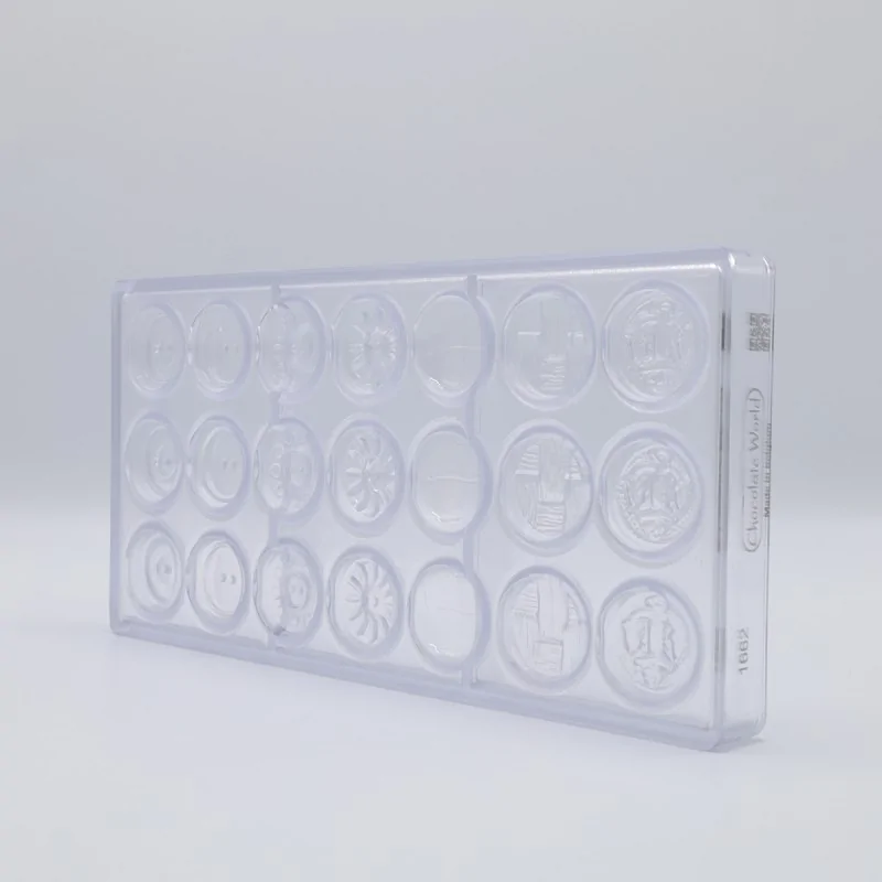 Polycarbonate Buttons Chocolate Mold - 31 mm x 31 mm x 8 mm - 5 gr - 7 Designs 21 Cavity Polycarbonate Buttons Chocolate Mold - 31 mm x 31 mm x 8 mm - 5 gr - 7 Designs 21 Cavity