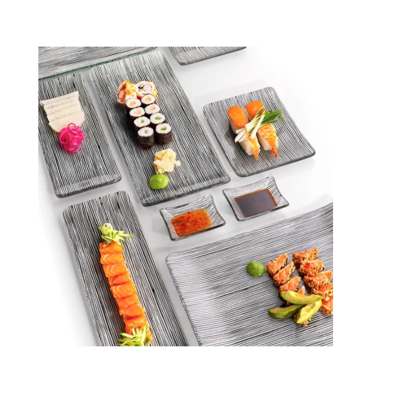 Elegant Linea Plate Collection - Clear Glass with Black Line Decor - 20 cm x 15 cm - Set of Six