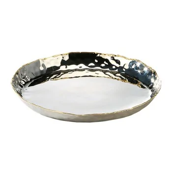 Elegant Artisan Tray - 18/10 Stainless Steel - Hammered Finish - Brass Accents - Diam. 28 cm