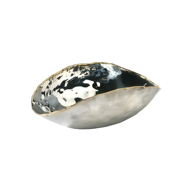 Elegant Artisan Stainless Steel Bowl Hammered Finish - Brass Accents - 22 x 13 x 7 cm