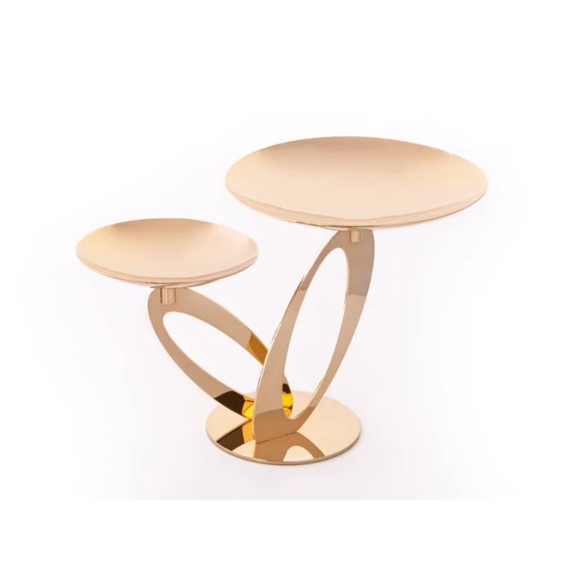 Gold Stand With 2 Plates (1 Plate Dia: 20 cm & 1 Plate Dia: 14 cm) - 35 x 20 cm H: 22 cm Gold Stand With 2 Plates (1 Plate Dia: 20 cm & 1 Plate Dia: 14 cm) - 35 x 20 cm H: 22 cm