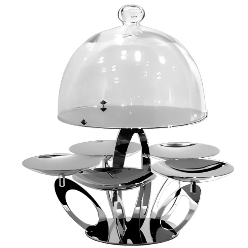 Polished Stand With 5 Cups - Dia: 14 cm and Plate With Glass Dome - Dia: 28 cm - Dia: 40 cm H: 44 cm - Elleffe Design