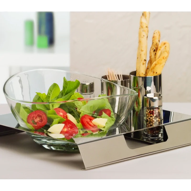 Polished Salad Tray With Glass Bowl, Steel Holders and Plexiglass Salt and Pepper - 30 x 30 cm H: 4 cm