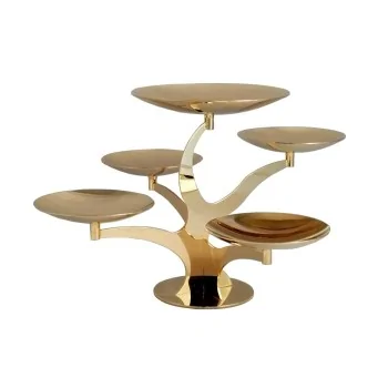 Gold Plated Stand With 5 Rounded Plates (4 Plates Dia: 14 cm & 1 Plate Dia: 20 cm) - Dia: 44 cm H: 25 cm