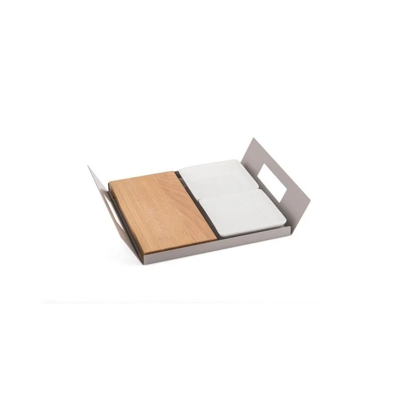 Polished Tray With 2 Porcelain Dishes and 1 Wooden Cutting Board - 28 x 22 cm H: 5 cm Polished Tray With 2 Porcelain Dishes and 1 Wooden Cutting Board - 28 x 22 cm H: 5 cm